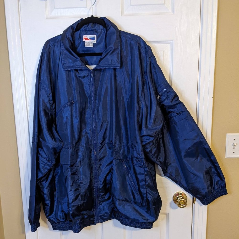 AST Sportswear Vintage Lined Blue Satin Coaches Jacket w/Pockets - size 6XL